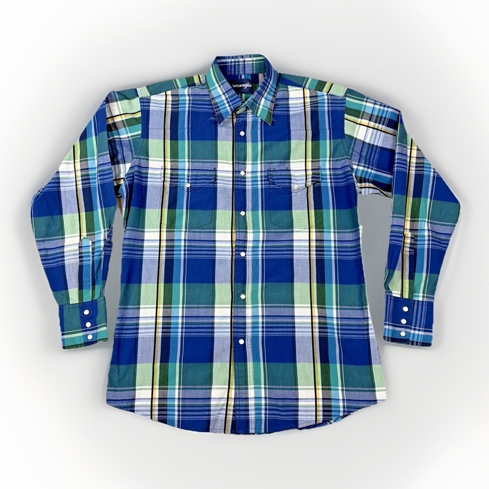 Wrangler Western Snap Shirt Mens Blue Green Plaid Pearl Snap Long Sleeve